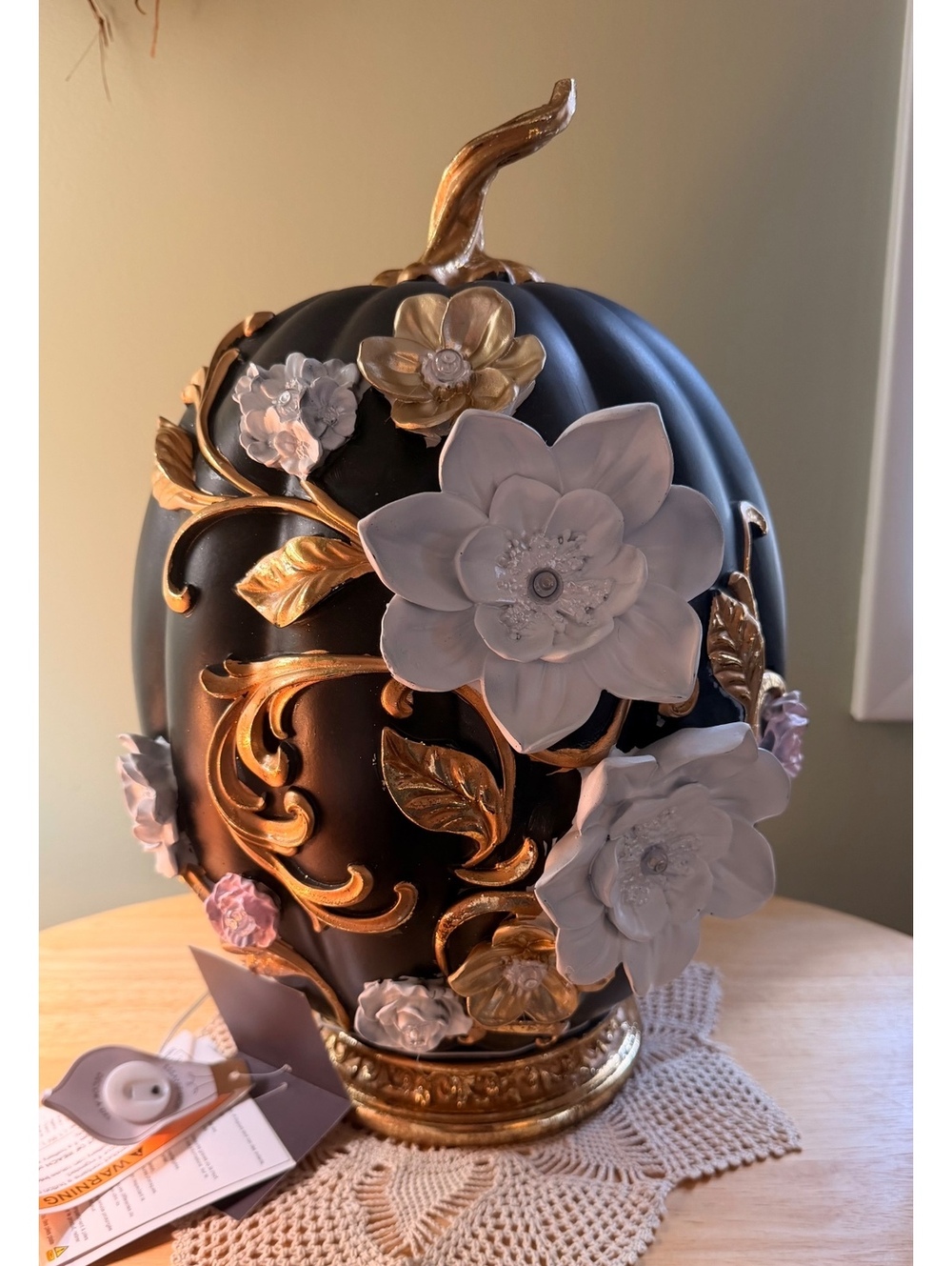 Laura Ashley Black and Gold Floral LED Pumpkin Décor